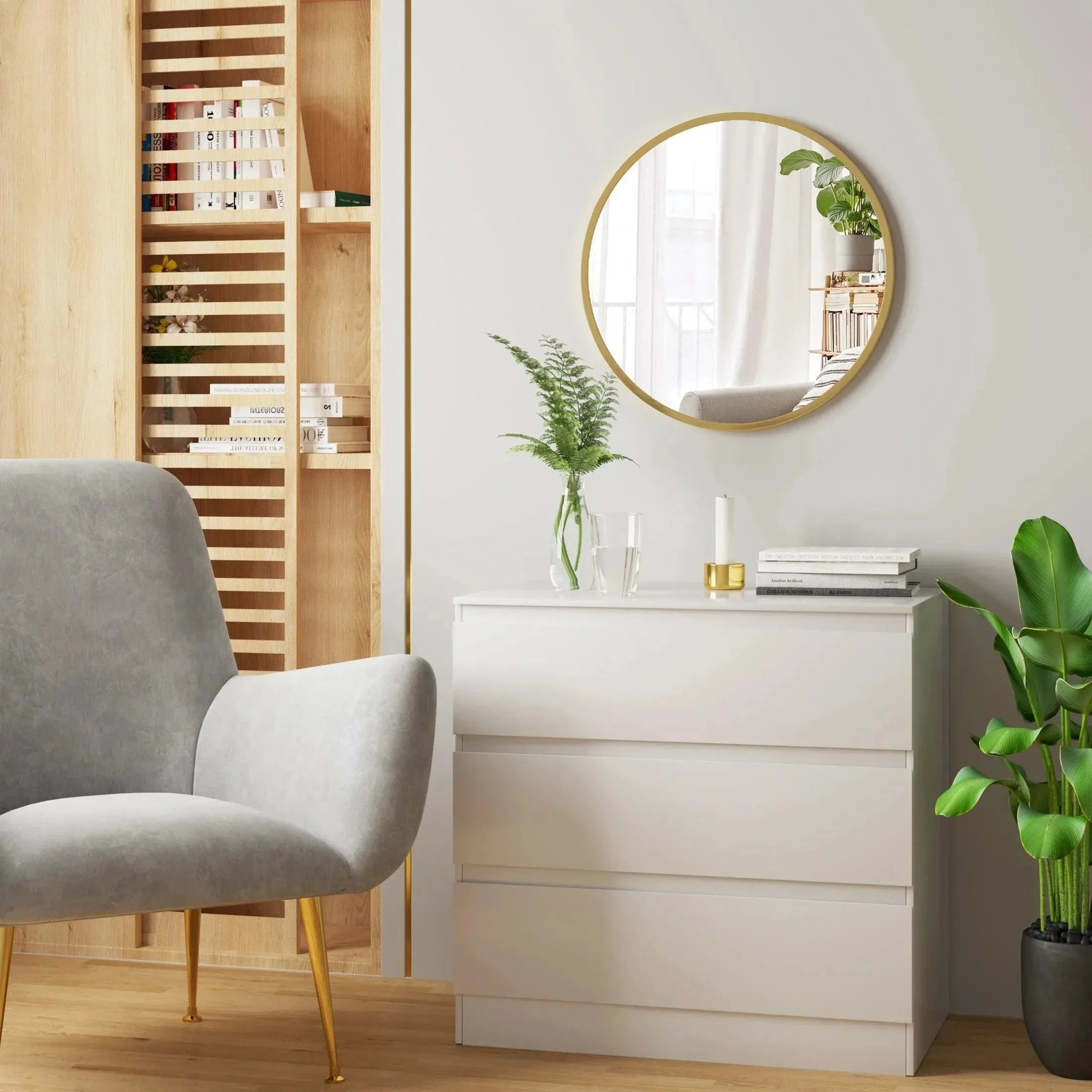 Feronza™ Hangende Makeup Spiegel - Moderne Ronde Spiegel met Gouden Metaal Frame voor Badkamer, Slaapkamer, Woonkamer en Gang Decoratie - Feronza